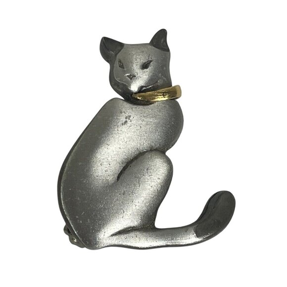 Mark Sheilds Jewelry - Vintage Mark Sheilds Pewter Cat Brooch Pin Gold-Tone Collar Elegant Signed